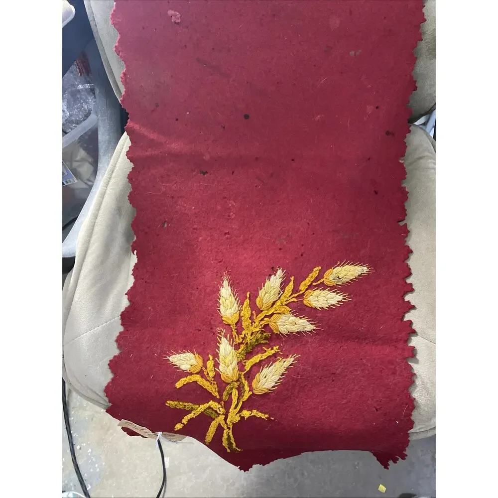 Antique Handmade In 1886-Red Felt With Yellow Flowers Table Runner 14”X 64”